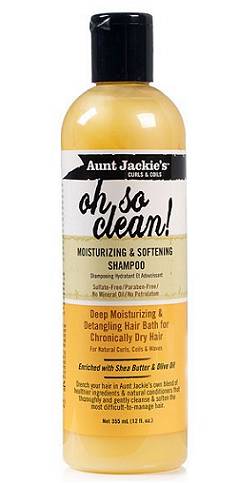 Bottle of 355 millilitre Aunt Jackie's Oh So Clean Moisturizing & Softening Shampoo shown against a white background