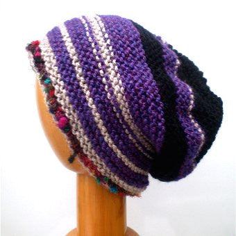 Hand Knitted Slouchy Beanie Hat (Purple and Black) #102