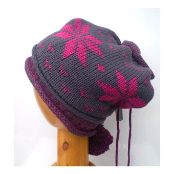 Dreadz Knitted Beanie Hat/Headwrap with Pom Poms (Grey with Fuchsia)