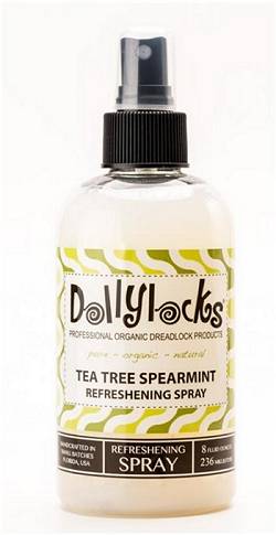 An eight ounce bottle of Dollylocks Tea Tree Spearmint Refreshening Dreadlocks Spray displayed against a white background with the front label showing