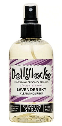 An 8 fluid ounce 236 millilitre bottle of Dollylocks Lavender Sky Cleansing Dreadlocks Spray displayed against a white background