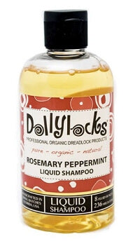 A single 8oz./236ml bottle of Dollylocks All-Natural, Organic, Vegan, Sulfate-Free, Residue-Free, Rosemary Peppermint Liquid Dreadlocks Shampoo with a flip top dispensing lid shown against a white background