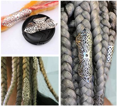 Three separate images showing large silver filigree adjustable dreadlock hair cuffs with sixteen millimetre middle hole on synthetic dreads on people's heads and attached to laid out synthetic dreadlocks