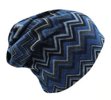 Dreadz 3-in-1 multi-function tubular beanie / headwrap / neckwarmer, with dark blue and black zig zags, shown against a white background