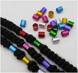 Multiple Dreadz Adjustable Multi-Coloured Dreadlock Hair Cuffs (AL-922) (9mm Hole) shown loose and fitted onto synthetic dreadlocks
