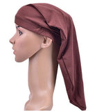 Dreadz Brown Dreadlocks Stocking Cap shown on worn on a mannequin's head completely unfolded as it would look when containing dreadlocks displayed against white background