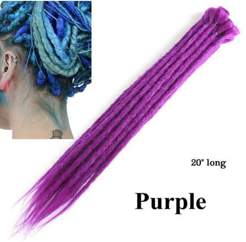 Purple-coloured Synthetic Single Ended Dreadlock Extensions 5 pack displayed against white background with thumbnail picture in top corner of blue extensions shown installed in human model's hair but coloured blue