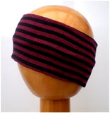 A Dreadz Fair Trade Multi-Coloured Striped Dreadlock Headband in Dark Red and Black colours displayed on a wooden mannequin head