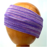 Dreadz Fair Trade Multi Coloured Purples Striped Dreadlock Headband displayed on a wooden mannequin's head shown against a white background