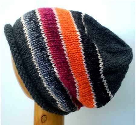 Dreadz Hand Knitted Slouchy Rolled Brim Beanie Hat (Orange/Grey/Red) AS-22-02
