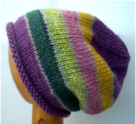 Dreadz Hand Knitted Slouchy Rolled Brim Beanie Hat (Purple/Green/Yellow) AS-22-07