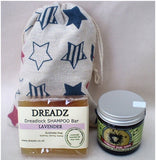 Mane Tamer Dreadlock Wax and Dreadz Lavender Shampoo Bar DUO Pack Combo Kit (Style 2) shown against star printed drawstring bag