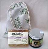 Mane Tamer Dreadlock Wax and Dreadz Lavender Dread Shampoo Bar DUO Pack Combo Kit (Style 3) shown against a sprig leaf printed drawstring bag