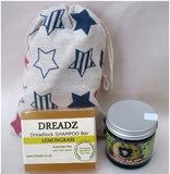 Mane Tamer Dreadlock Wax and Dreadz Lemongrass Dread Shampoo Bar DUO Pack Combo Kit (Style 2) shown against star printed drawstring bag