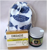 Mane Tamer Dreadlock Wax and Dreadz Lemongrass Dread Shampoo Bar DUO Pack Combo Kit (Style 4) shown against blue fish printed drawstring bag