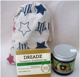 Mane Tamer Dreadlock Wax and Dreadz Peppermint Dread Shampoo Bar DUO Pack Combo Kit (Style 2) shown against star printed drawstring bag