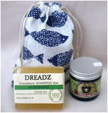 Mane Tamer Dreadlock Wax and Dreadz Peppermint Dread Shampoo Bar DUO Pack Combo Kit (Style 4) shown against blue fish printed drawstring bag