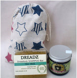 Mane Tamer Dreadlock Wax and Dreadz Tea Tree Dread Shampoo Bar DUO Pack Combo Kit (Style 2) shown against star printed drawstring bag