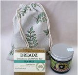 Mane Tamer Dreadlock Wax and Dreadz Tea Tree Dread Shampoo Bar DUO Pack Combo Kit (Style 3) shown against a sprig leaf printed drawstring bag