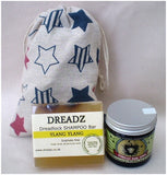 Mane Tamer Dreadlock Wax and Dreadz Ylang Ylang Dread Shampoo Bar DUO Pack Combo Kit (Style 2) shown against star printed drawstring bag
