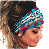 A Stretchy Cotton Wide Dreadlock Headband with Aztec style colours shown being worn by head model