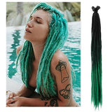 Dreadz Synthetic Single Ended Dreadlock Extensions in Ombre Green colour shown installed in woman's hair, and shown separately on their  sold as a 5 pack