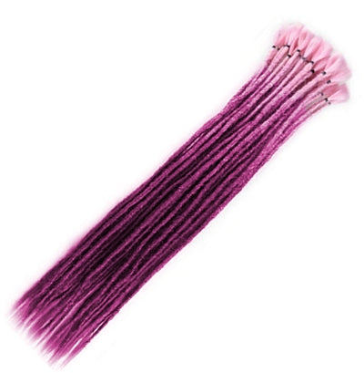 10 lengths of Ombre Purple & Pink coloured Synthetic Single Ended Dreadlock Hair Extensions grouped together displayed against white background