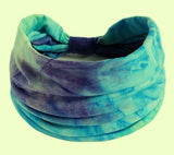 Dreadz aqua blue coloured Tie Dye style dreadlock Headband Headwrap shown wrapped like a bandana on a white base background