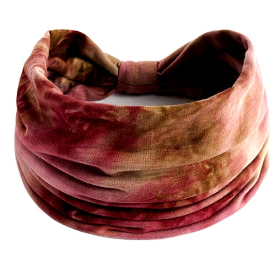 Dreadz red brown coloured Tie Dye style dreadlock Headband Headwrap shown wrapped like a bandana on a white base background