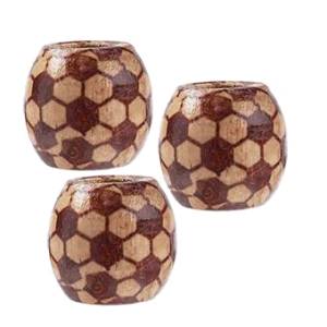 Three wooden patterned 7.4 millimetre hole brown hex dreadlock hair beads displayed against white background