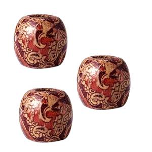Three wooden patterned 7.4 millimetre hole paisley dreadlock hair beads displayed against white background