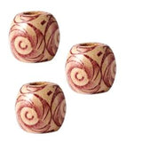 Three wooden patterned 7.4 millimetre hole Red Swirl dreadlock hair beads displayed against white background