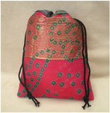 Fair Trade Sari Silk Drawstring Dreadlock Bead Pouch #01 Dark Pink/Aqua/Grey Ethnic