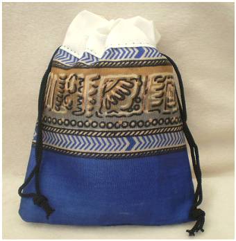 Fair Trade Sari Silk Drawstring Dreadlocks Bead Pouch #02 Blue/Beige/Cream Tribal