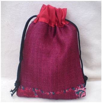 Fair Trade Sari Silk Drawstring Dreadlock Bead Pouch #03 Burgundy/Red/Ethnic Design