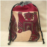 Fair Trade Sari Silk Drawstring Dreadlocks Bead Pouch #06 Burgundy/Cream Ethnic Llamas