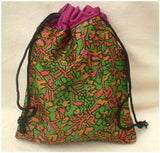 Fair Trade Sari Silk Drawstring Dreadlocks Bead Pouch #10 Purple/Green/Orange Tribal