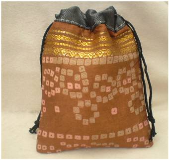 Fair Trade Sari Silk Drawstring Dreadlocks Bead Pouch #11 Tan/Gold/Grey Ethnic