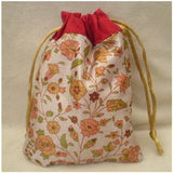 Fair Trade Sari Silk Drawstring Dreadlocks Bead Pouch #16 Orange/Green/Red Floral