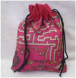 Fair Trade Sari Silk Drawstring Dreadlocks Bead Pouch #21 Dark/Pink/Tan/Red Tribal