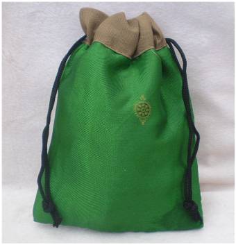 Fair Trade Sari Silk Drawstring Dreadlocks Bead Pouch #22 Green/Brown Ethnic