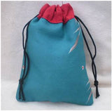 Fair Trade Sari Silk Drawstring Dreadlocks Bead Pouch #23 Aqua/Red Floral