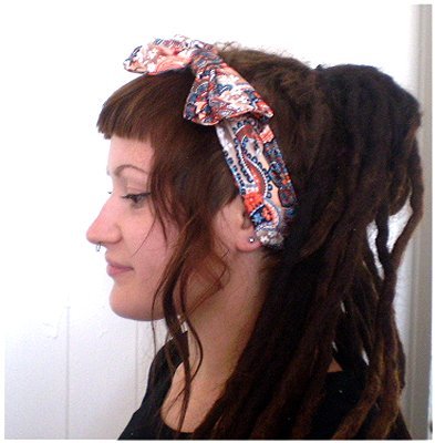 Stretchy Cotton Wide Headband with Bow Floral Paisley (Orange/Brown)