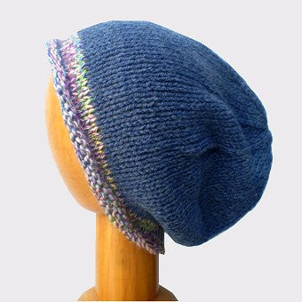 Hand Knitted Slouchy Beanie Hat (Blue with Heather Trim)