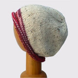 Hand Knitted Slouchy Beanie Hat (Cream Fleck with Red/Brown Trim)