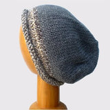 Hand Knitted Slouchy Beanie Hat (Grey with Brown Trim)