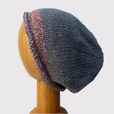 Hand Knitted Slouchy Beanie Hat (Grey with Rust Trim)