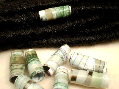 Dreadz Handmade Glazed Recycled Paper Dreadlock Hair Bead (8mm Hole) x 1 Bead (#66) (Green/Grey)
