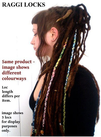 Picture of woman with dreadlocks draping over her shoulder, showing three handmade, cotton silk, synthetic dreadlock raggi locks threaded into her locks, for illustrative purposes