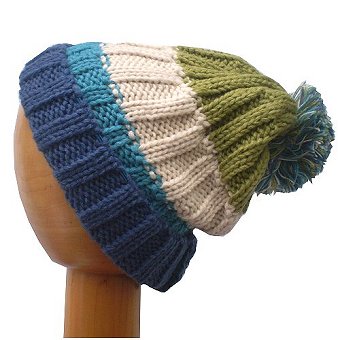 Dreadz Striped Slouchy Bobble Beanie Hat (Blue/Green/Cream)